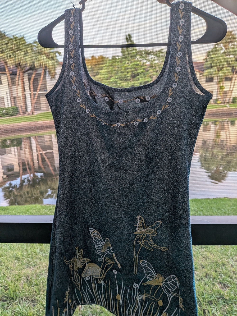 Women’s Black Tank Top with Gold Embroidered Fairy Design